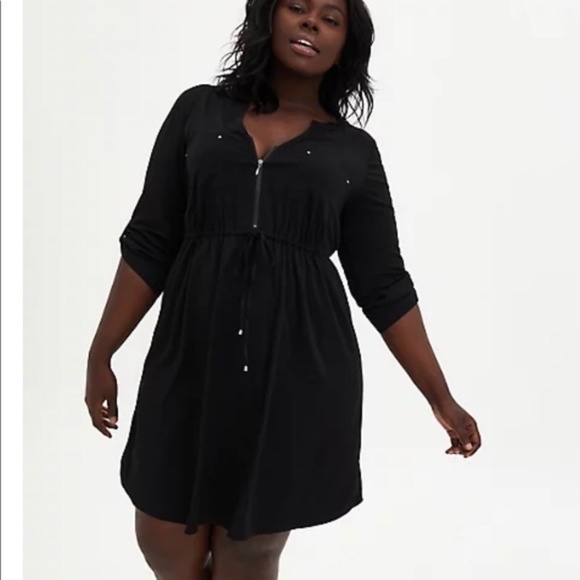 torrid Dresses & Skirts - Torrid Black Challis Zip Front Drawstring Shirt Dress